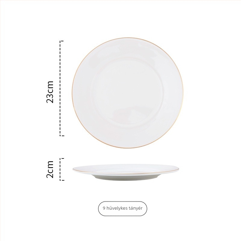 Arany keretes porcelán kör alakú lapos tányér tálaláshoz, egyszínű dizájn, mikrohullámú sütőben használható, logónyomás elérhető.
