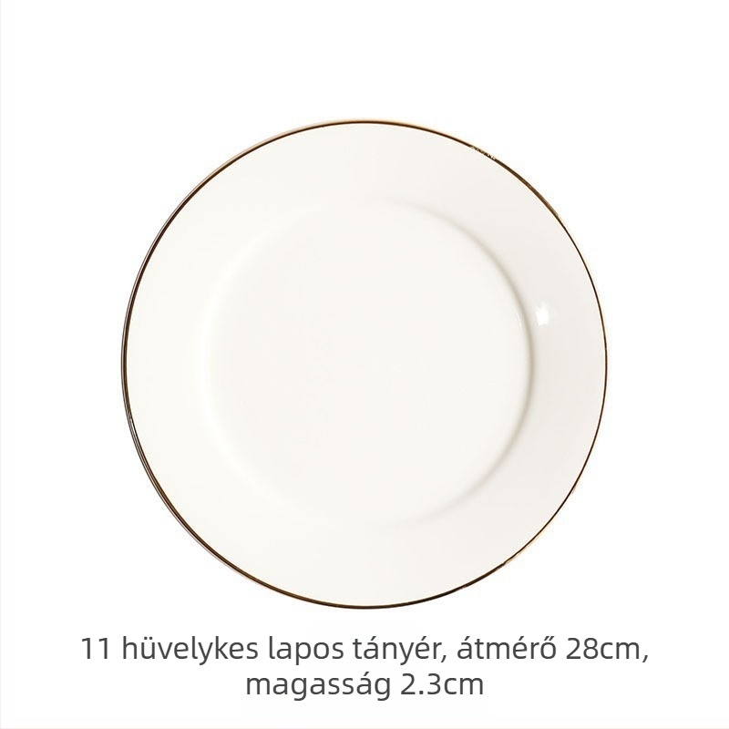 Arany keretes porcelán kör alakú lapos tányér tálaláshoz, egyszínű dizájn, mikrohullámú sütőben használható, logónyomás elérhető.