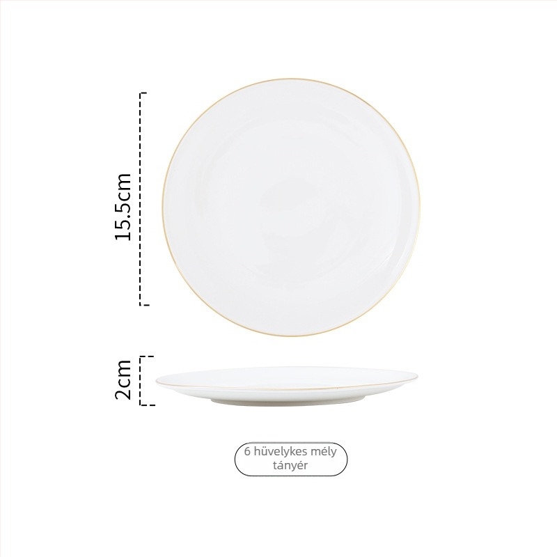 Arany keretes porcelán kör alakú lapos tányér tálaláshoz, egyszínű dizájn, mikrohullámú sütőben használható, logónyomás elérhető.
