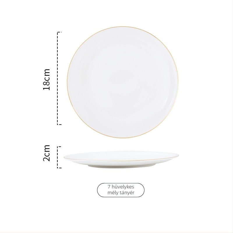 Arany keretes porcelán kör alakú lapos tányér tálaláshoz, egyszínű dizájn, mikrohullámú sütőben használható, logónyomás elérhető.