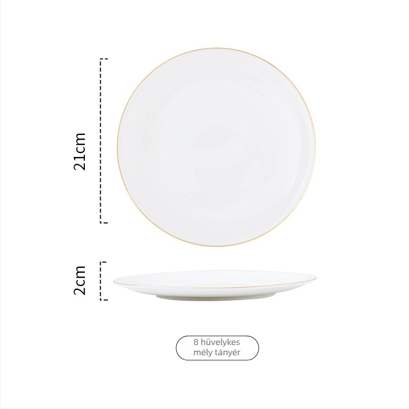 Arany keretes porcelán kör alakú lapos tányér tálaláshoz, egyszínű dizájn, mikrohullámú sütőben használható, logónyomás elérhető.