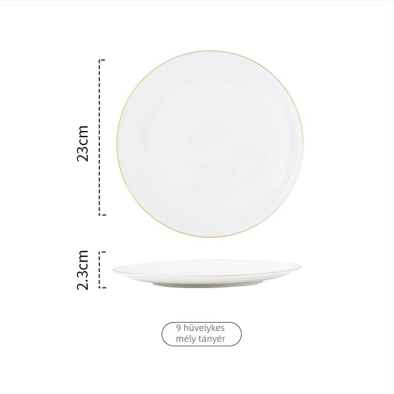Arany keretes porcelán kör alakú lapos tányér tálaláshoz, egyszínű dizájn, mikrohullámú sütőben használható, logónyomás elérhető.