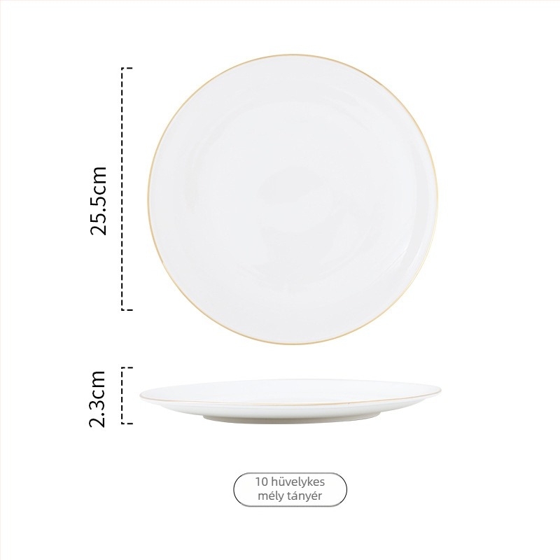 Arany keretes porcelán kör alakú lapos tányér tálaláshoz, egyszínű dizájn, mikrohullámú sütőben használható, logónyomás elérhető.