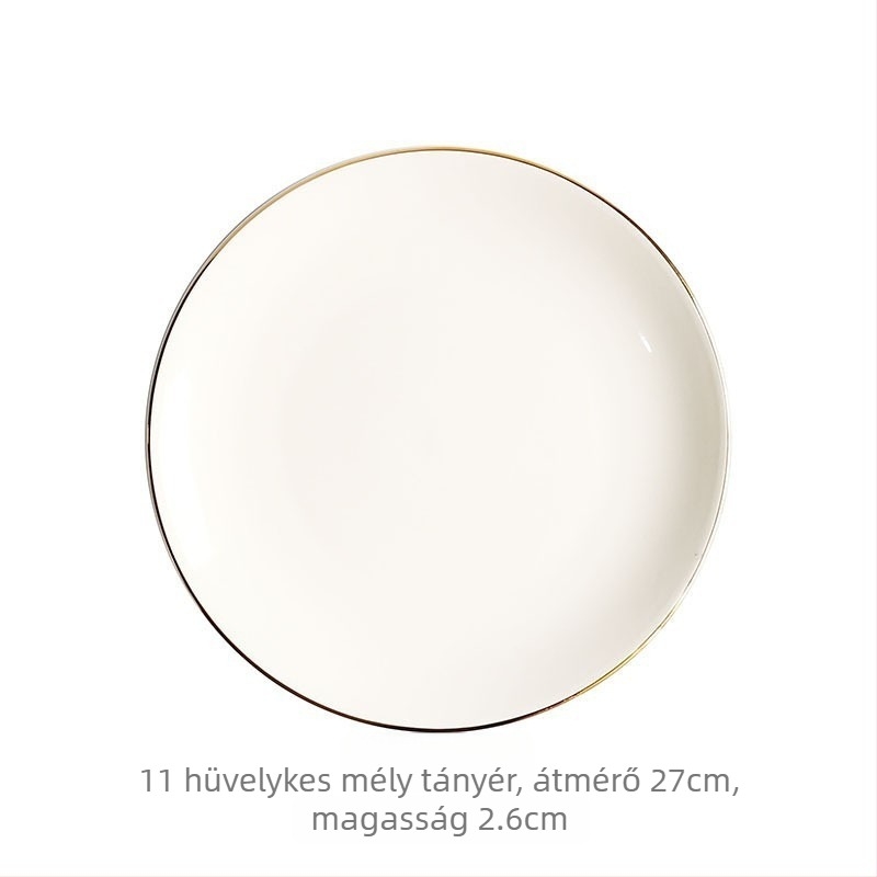 Arany keretes porcelán kör alakú lapos tányér tálaláshoz, egyszínű dizájn, mikrohullámú sütőben használható, logónyomás elérhető.