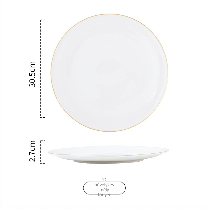 Arany keretes porcelán kör alakú lapos tányér tálaláshoz, egyszínű dizájn, mikrohullámú sütőben használható, logónyomás elérhető.