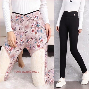 Női gyapjú–pamut keverék téli béléses leggings, magas derék, laza szabás, virágmintás, vastag, plusz méret