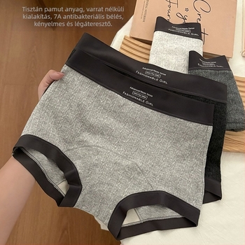 Szürke női boxer brief, 100% pamut, Mulberry selyem belső réteg, antibakteriális, hosszított ágyék, középmagas derék, plusz méret