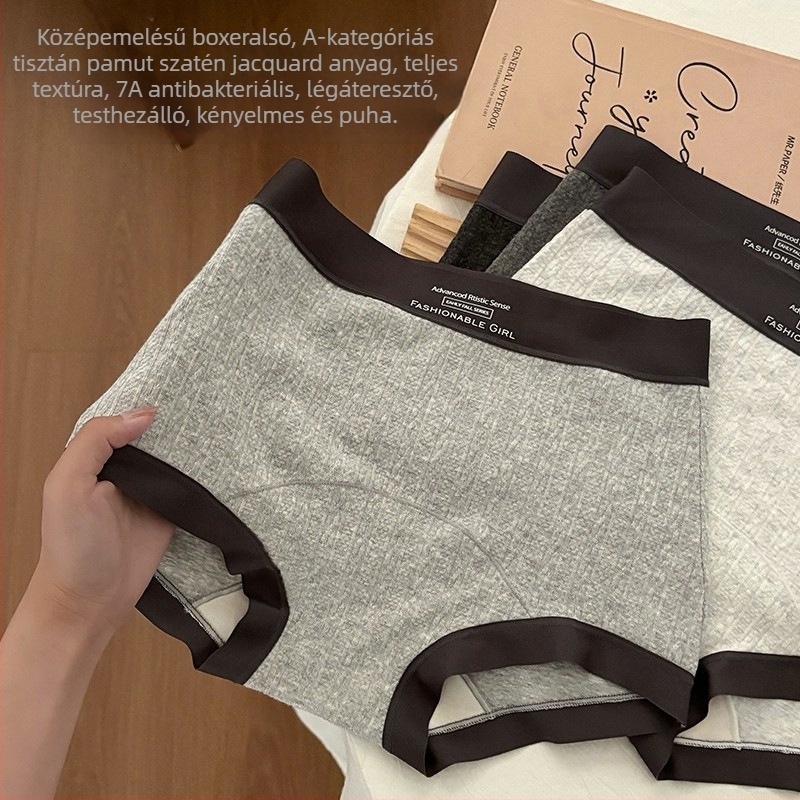 Szürke női boxer brief, 100% pamut, Mulberry selyem belső réteg, antibakteriális, hosszított ágyék, középmagas derék, plusz méret