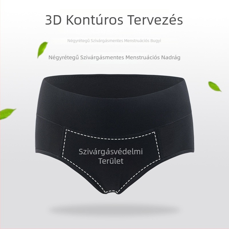 Női menstruációs alsónemű, négy rétegű szivárgás elleni védelem, középmagas derékvonal, spandex/LYCRA kötött anyag, 100% pamut intim rész
