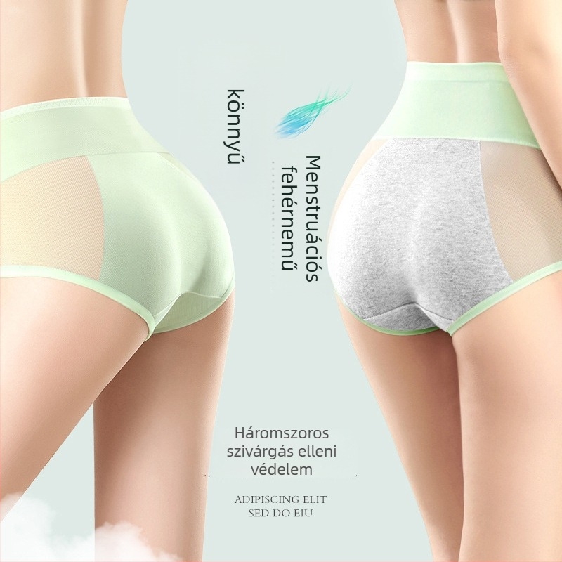 Női menstruációs alsónemű középmagasságú, szivárgásmentes, légáteresztő, gyorsan száradó; fő anyag: nylon 86%; szemérem résznél 100% pamut; fiatal nőknek 18–40.