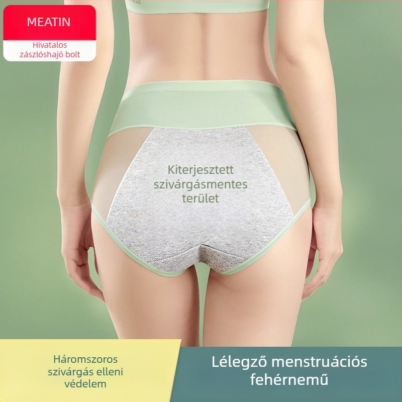 Női menstruációs alsónemű középmagasságú, szivárgásmentes, légáteresztő, gyorsan száradó; fő anyag: nylon 86%; szemérem résznél 100% pamut; fiatal nőknek 18–40.