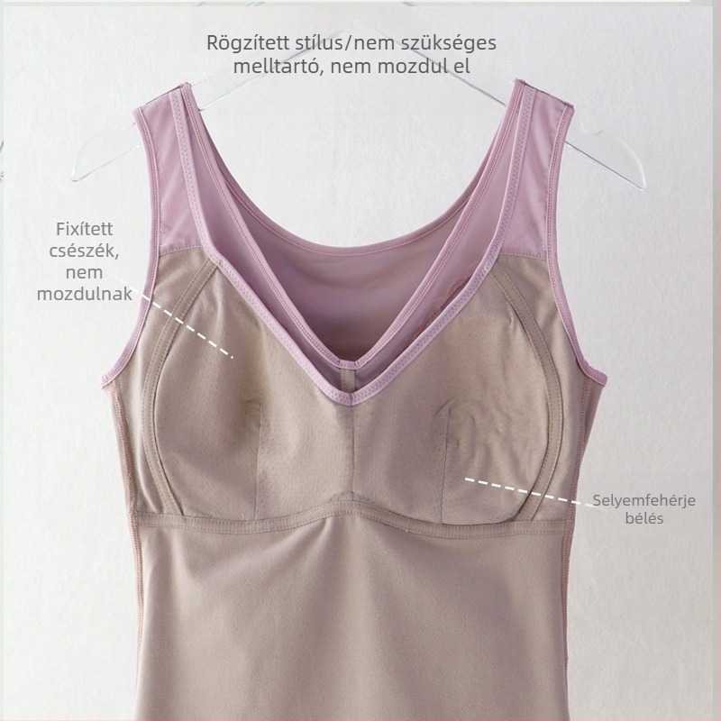 Termikus mellény beépített melltartócsészékkel, duplarétegű poliészter anyag, 201–250 g/m², bársony bélés, nőknek, V-nyakú, pull-over stílus