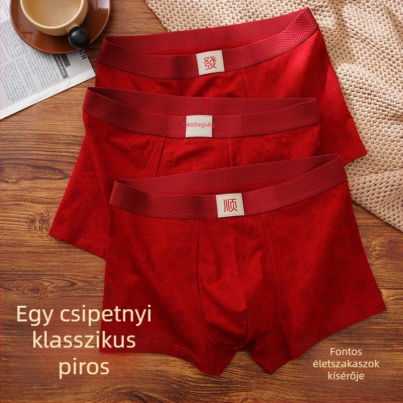 Férfi piros pamut boxer rövidnadrág teljes mintával a zodiákus évére, antibakteriális, 10A