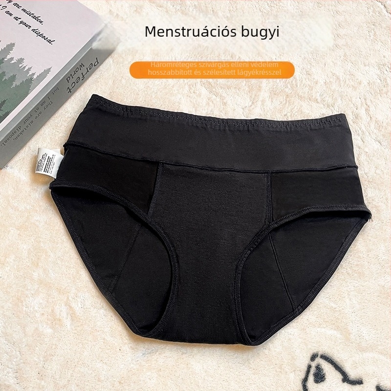 Női menstruációs alsó, középmagas derekú fazon, fő anyag 95% pamut, ágyéki bélés 100% pamut