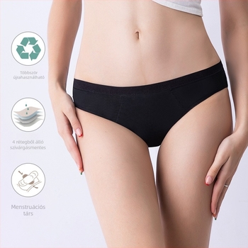 Női menstruációs alsónemű, 4 rétegű szivárgásmentes védelemmel, alacsony derék, fő anyag: nylon 95%, intim rész 100% pamut, 18–40 éves nőknek