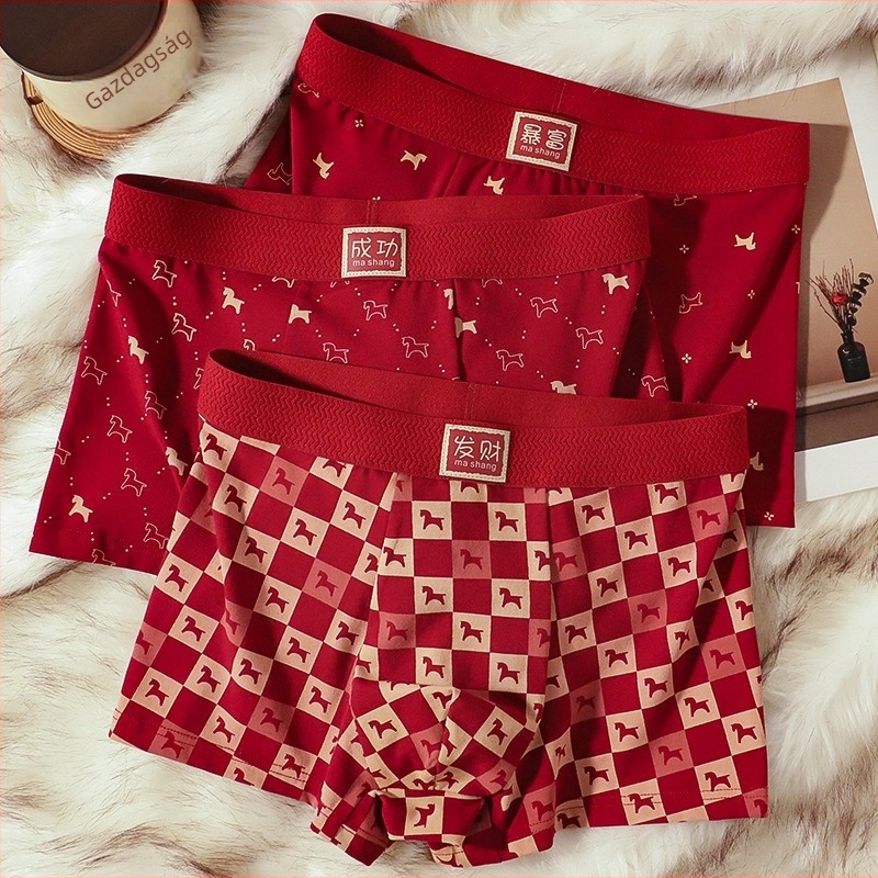 Milan férfi piros pamut boxer brief, antibakteriális és bőrbarát, Lóév motívummal és állatmintával, középmagas derék, varrat nélküli