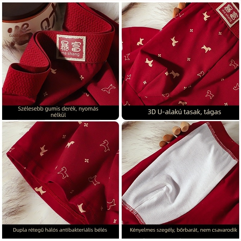 Milan férfi piros pamut boxer brief, antibakteriális és bőrbarát, Lóév motívummal és állatmintával, középmagas derék, varrat nélküli