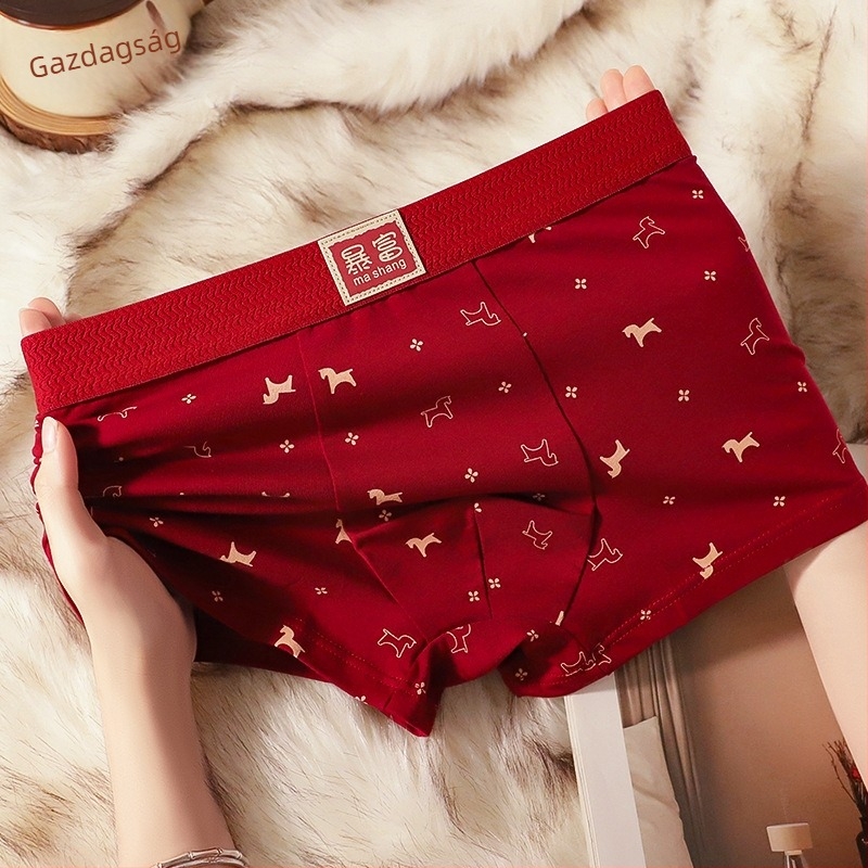 Milan férfi piros pamut boxer brief, antibakteriális és bőrbarát, Lóév motívummal és állatmintával, középmagas derék, varrat nélküli