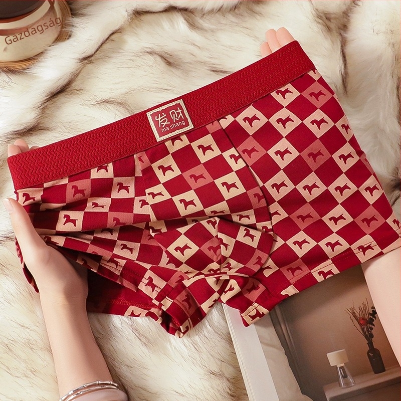 Milan férfi piros pamut boxer brief, antibakteriális és bőrbarát, Lóév motívummal és állatmintával, középmagas derék, varrat nélküli