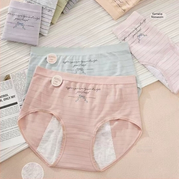 Női menstruációs, szivárgásmentes, varrat nélküli, magas derekú alsónemű; anyag: regenerált cellulóz rost (75,6%), ágyéknál: viszkóz (100%)