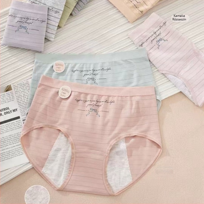 Női menstruációs, szivárgásmentes, varrat nélküli, magas derekú alsónemű; anyag: regenerált cellulóz rost (75,6%), ágyéknál: viszkóz (100%)