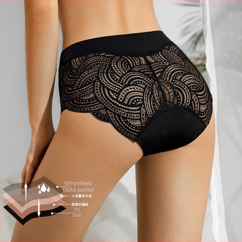 Női csipkés időszakos fehérnemű, középmagas derekú, négy rétegű szivárgásmentes kialakítás, fő anyag 90% nylon, ágyéknál 100% pamut, jacquard szövés