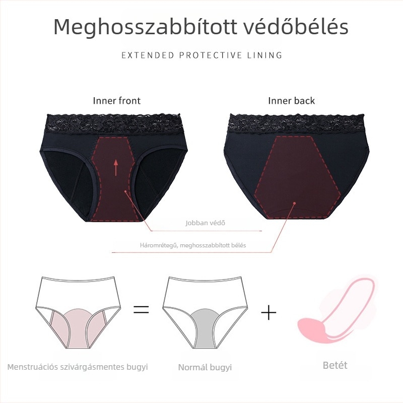 Négy rétegű csipkés középmagasságú menstruációs alsónemű, elöl és hátul szivárgásmentes védelemmel