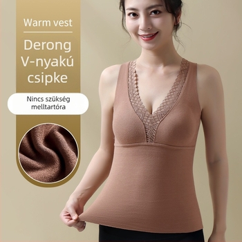 Női velúr melegítő mellény fleece-béléssel, V-nyakú, beépített kosárkák, vastag pamut-keverék, meleg alapréteg