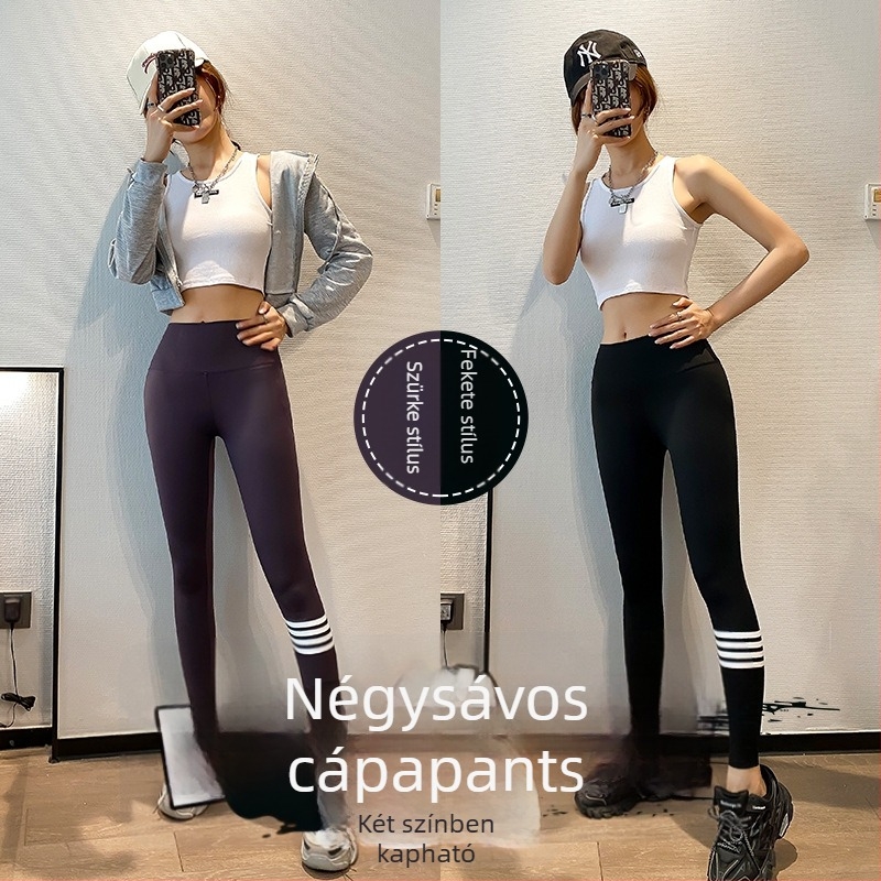 Női Sharkskin leggings négy csíkkal, fekete, vékony tavaszra, szűk fazon