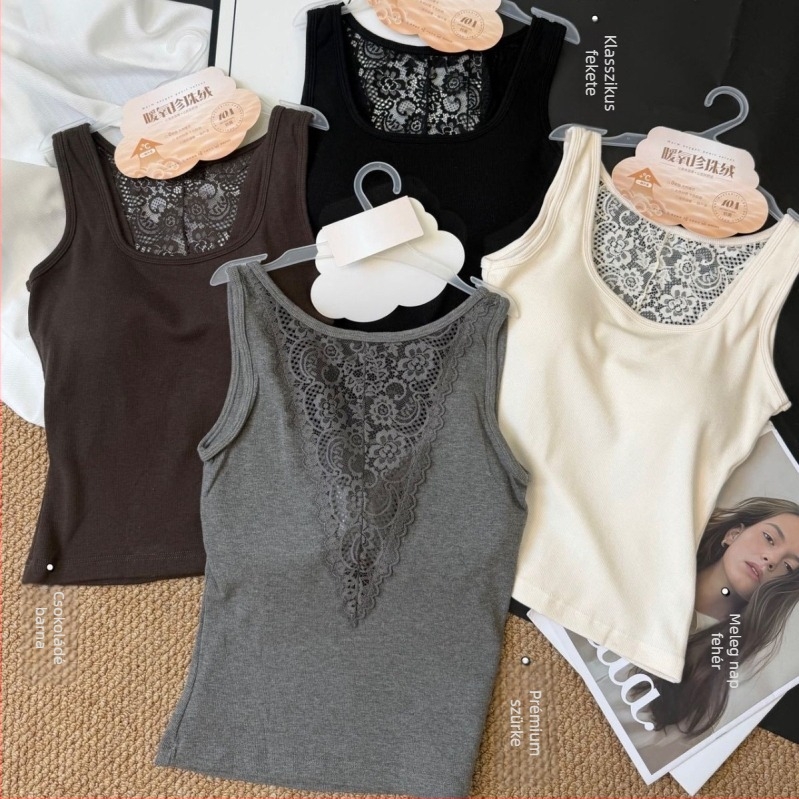 Csipkés hátú top U-nyakú kivágással, nejlon anyagból, beépített kosár, 3D mintázat, közepes vastagság