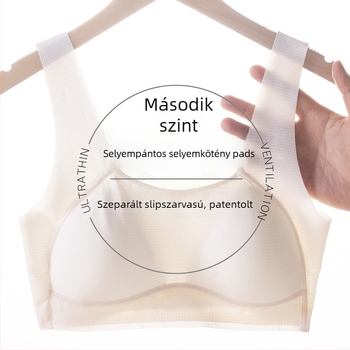 Tinédzser lányoknak szánt sportmelltartó, 12–15 éveseknek, 3/4 kosár, vékony formázott kosár, külső anyag nylon ice silk, belső réteg mulberry silk <30%, rögzített dupla vállpántok, lélegző hátsó rész, izzadság-elnyelés, oldalsó formázás