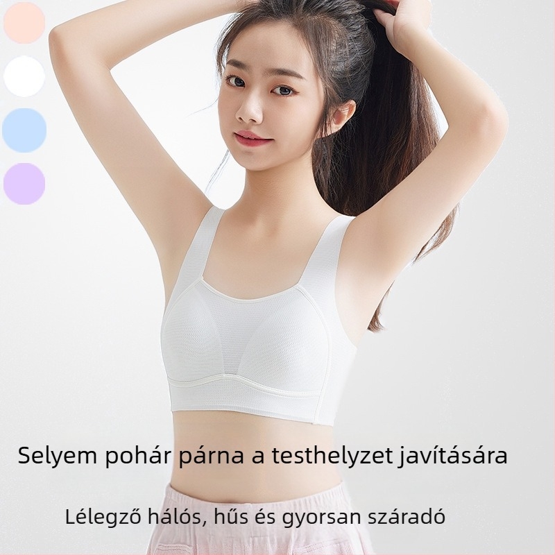 Tinédzser lányoknak szánt sportmelltartó, 12–15 éveseknek, 3/4 kosár, vékony formázott kosár, külső anyag nylon ice silk, belső réteg mulberry silk <30%, rögzített dupla vállpántok, lélegző hátsó rész, izzadság-elnyelés, oldalsó formázás
