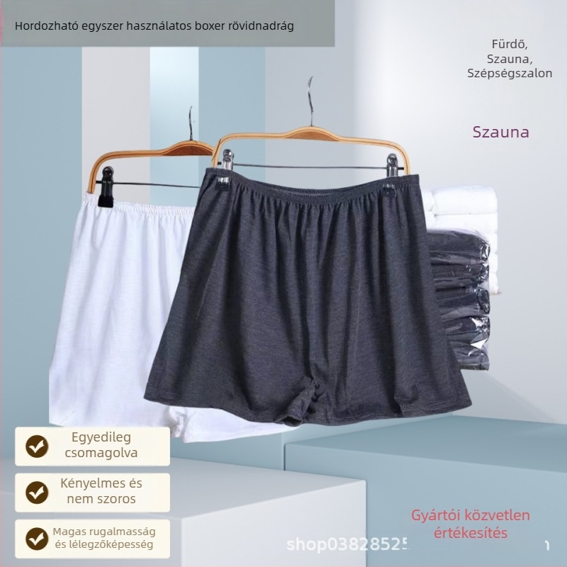 Egyszer használatos pamut boxernadrág, lélegző; középmagasságú derék, kötött anyag, keresztszövet bélés kötött anyagból
