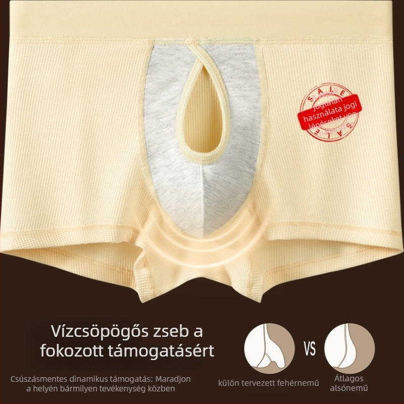 Férfi pamut boxer, vafeles textúra, zseb csepp alakú, kétoldali nyitás, lélegző, középmagas fazon
