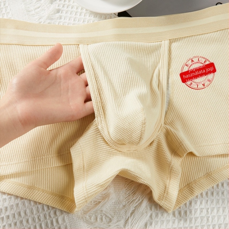 Férfi pamut boxer, vafeles textúra, zseb csepp alakú, kétoldali nyitás, lélegző, középmagas fazon