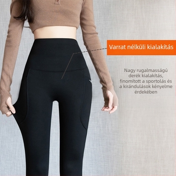 Női thermál leggings két zsebbel, magas derekú, jóga, fleece-bélés, meleg, nagy méretek