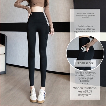 Női thermál leggings két zsebbel, magas derekú, jóga, fleece-bélés, meleg, nagy méretek
