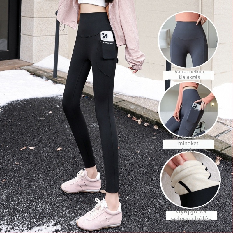 Női thermál leggings két zsebbel, magas derekú, jóga, fleece-bélés, meleg, nagy méretek