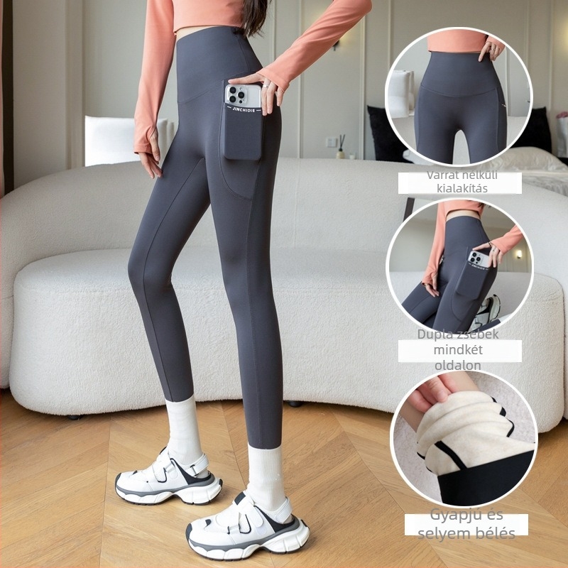Női thermál leggings két zsebbel, magas derekú, jóga, fleece-bélés, meleg, nagy méretek