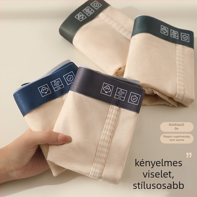 Férfi pamut boxerek, lélegzőek, gát résznél Mulberry selyem bélésével, középmagas derék, kötött anyag