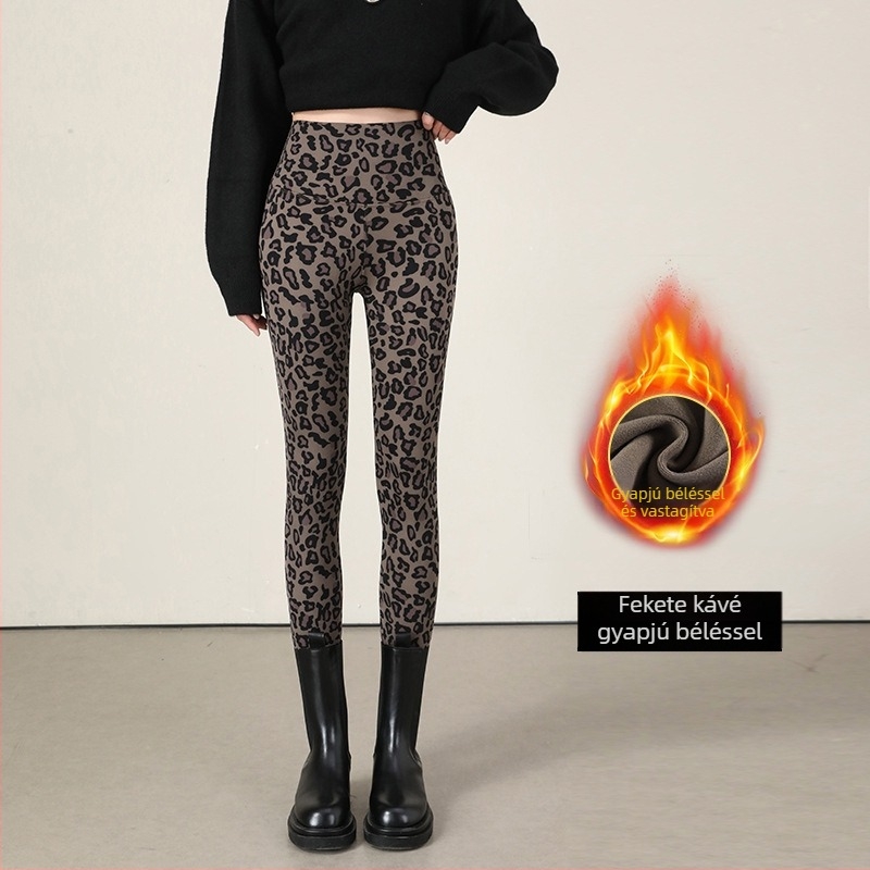 Női leopard mintás leggings, külső viseletre, magas derekú, fleece-sel bélelt, jóga nadrág a hasvonal kontrollhoz és a fenék megemeléséhez