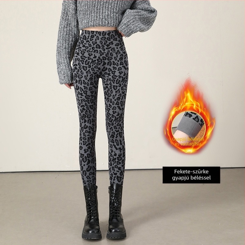 Női leopard mintás leggings, külső viseletre, magas derekú, fleece-sel bélelt, jóga nadrág a hasvonal kontrollhoz és a fenék megemeléséhez