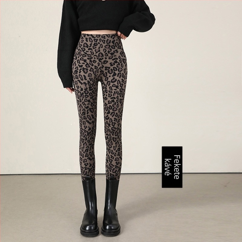 Női leopard mintás leggings, külső viseletre, magas derekú, fleece-sel bélelt, jóga nadrág a hasvonal kontrollhoz és a fenék megemeléséhez