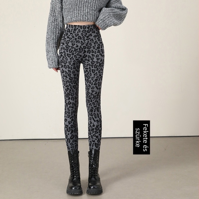 Női leopard mintás leggings, külső viseletre, magas derekú, fleece-sel bélelt, jóga nadrág a hasvonal kontrollhoz és a fenék megemeléséhez