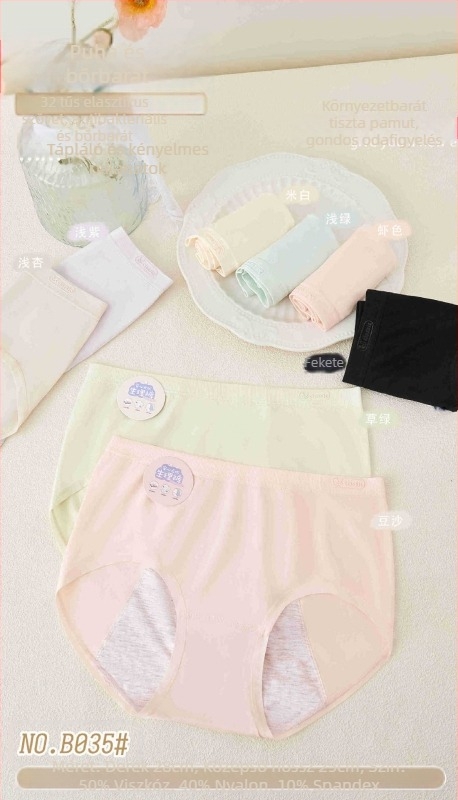 Női menstrua­ciós alsónemű – Modal anyag (80% viszkóz); ágyék részen belső réteg 80% viszkóz; kötött anyag; középmagas derék; egyszínű minta