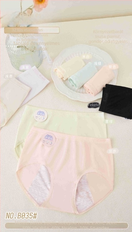 Női menstrua­ciós alsónemű – Modal anyag (80% viszkóz); ágyék részen belső réteg 80% viszkóz; kötött anyag; középmagas derék; egyszínű minta