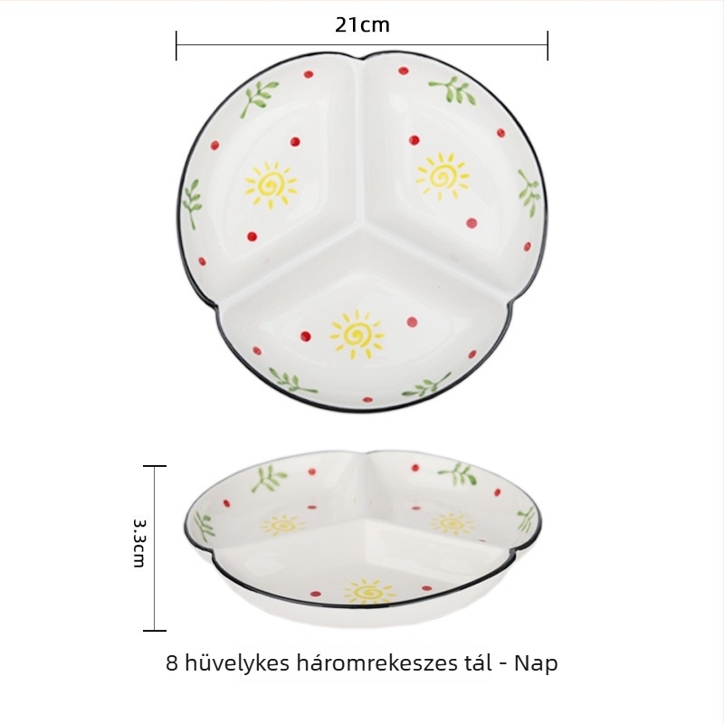 Porcelán tál kézzel festett felülettel, háztartási használatra, három rekeszes osztott tál, kör alakú formájú, mikrohullámú sütőben használható