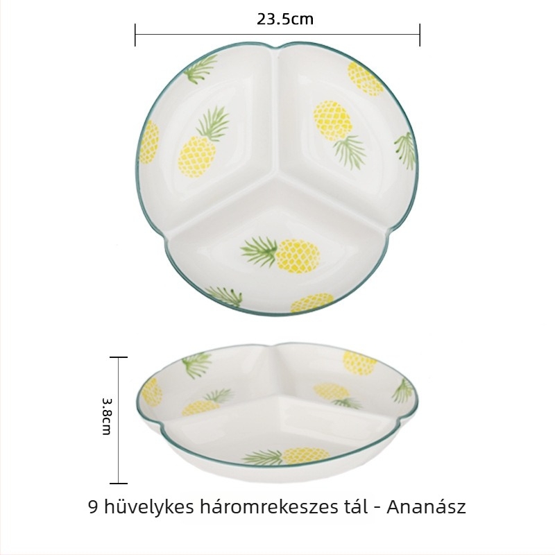 Porcelán tál kézzel festett felülettel, háztartási használatra, három rekeszes osztott tál, kör alakú formájú, mikrohullámú sütőben használható