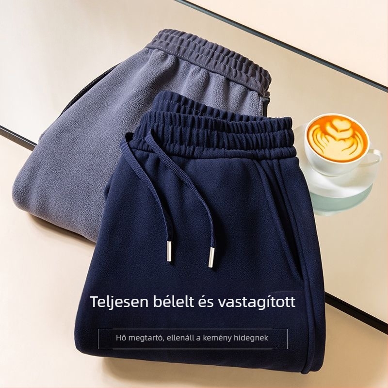 Férfi sportnadrág poliészterből vastag fleece-sel, középtalppal, egyenes szabású, téli szezonra