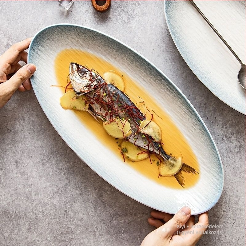 Halas tál, kerámia étkészlet, magas minőségű, gőzölt halhoz, nem kézzel készült, nem testreszabható.